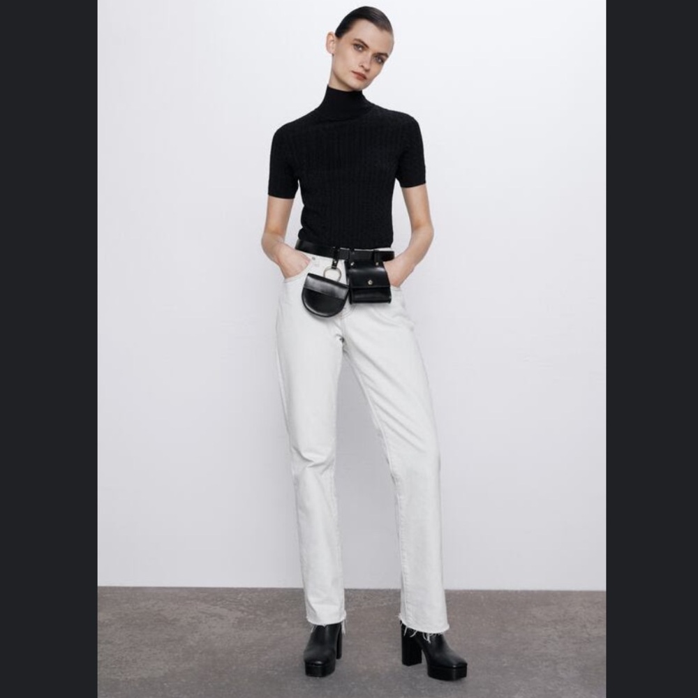 Zara Textured Weave Turtleneck Sweater with Pearl Button